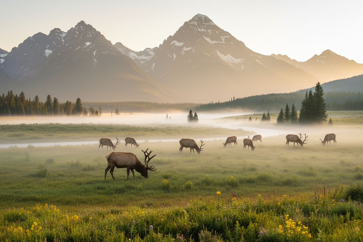 Elk grazing in a bright sunny mountain valley