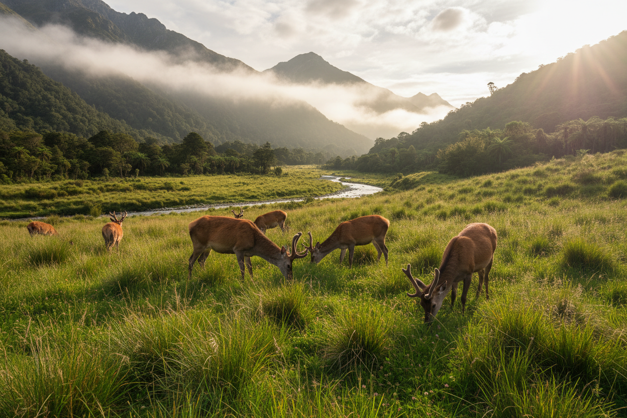 Herd of New Zealand red deer grazing on grass