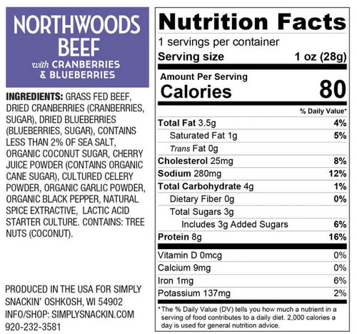 Beef with Cranberries & Blueberries Snack — 150-Pack | NORTHWOODS simply snackin